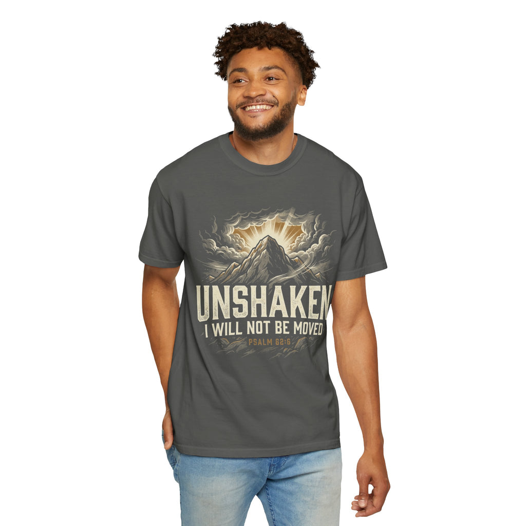 “Unshaken Mountain Illustration” Christian T-shirt with mountain imagery and fire detail; expressive everyday style.
