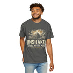 “Unshaken Mountain Illustration” Christian T-shirt with mountain imagery and fire detail; expressive everyday style.
