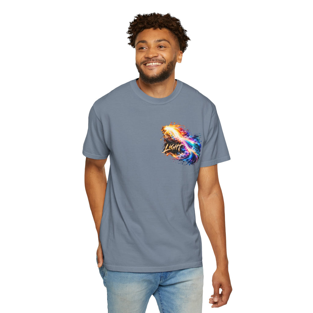 “Rainbow Flame Feather 'Be the Light'” Christian T-shirt with cross imagery and ; uplifting everyday style.