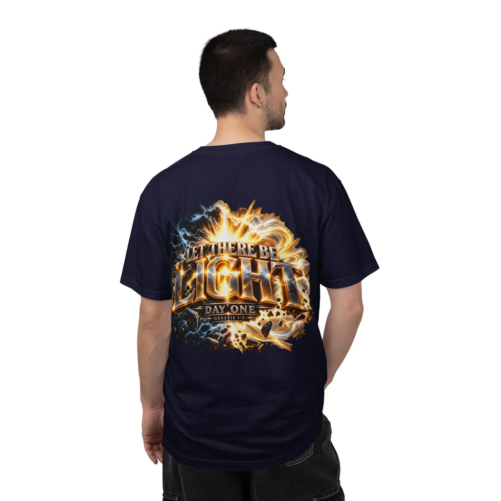 T-shirt featuring “Let There Be Light graphigraphic", Genesis scripture and bold lettering, front and back design Genesis scripture and bold lettering; assured simplicity.