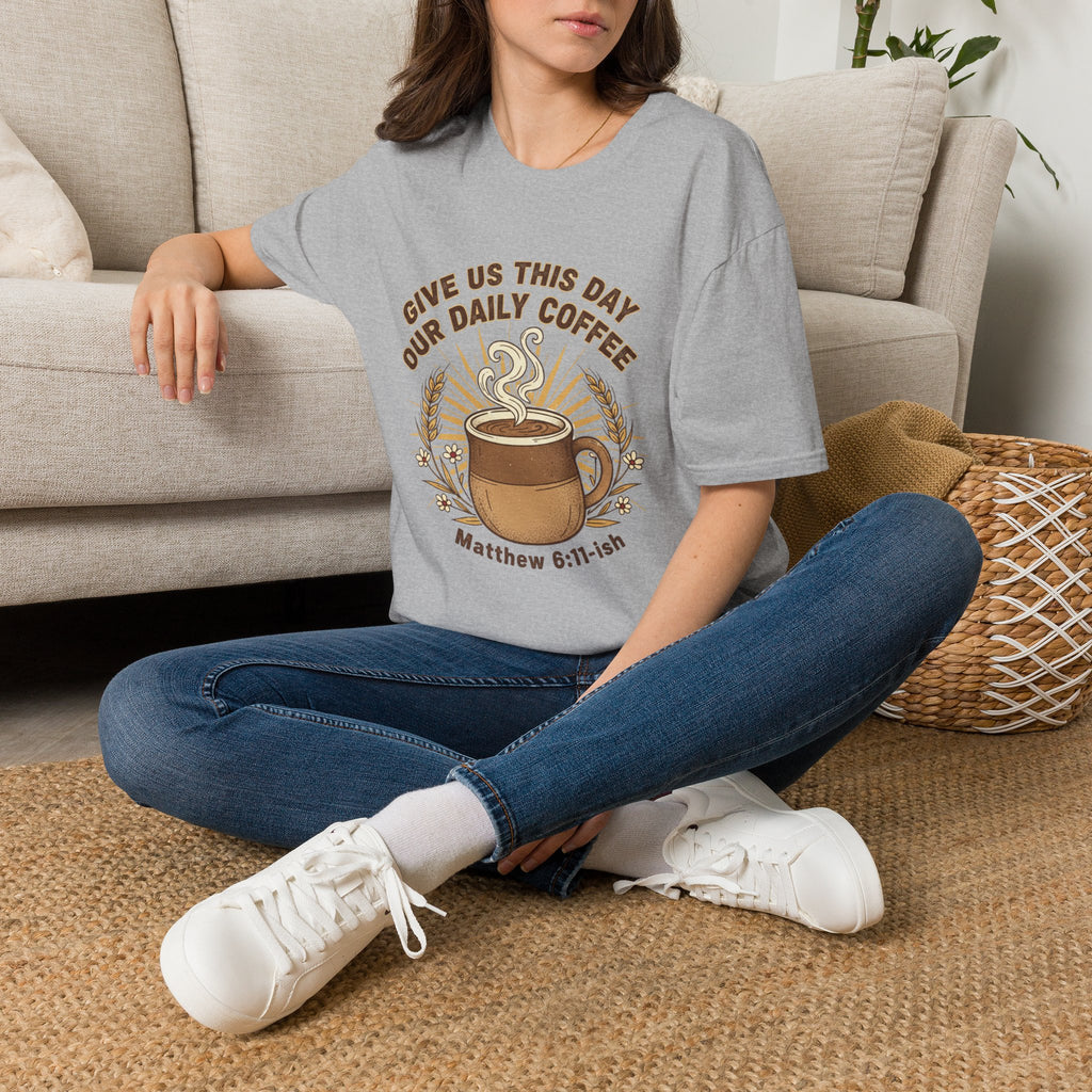 “Give Us This Day Our Daily Coffee” Christian T-shirt with coffee detail and ; purposeful casual style.