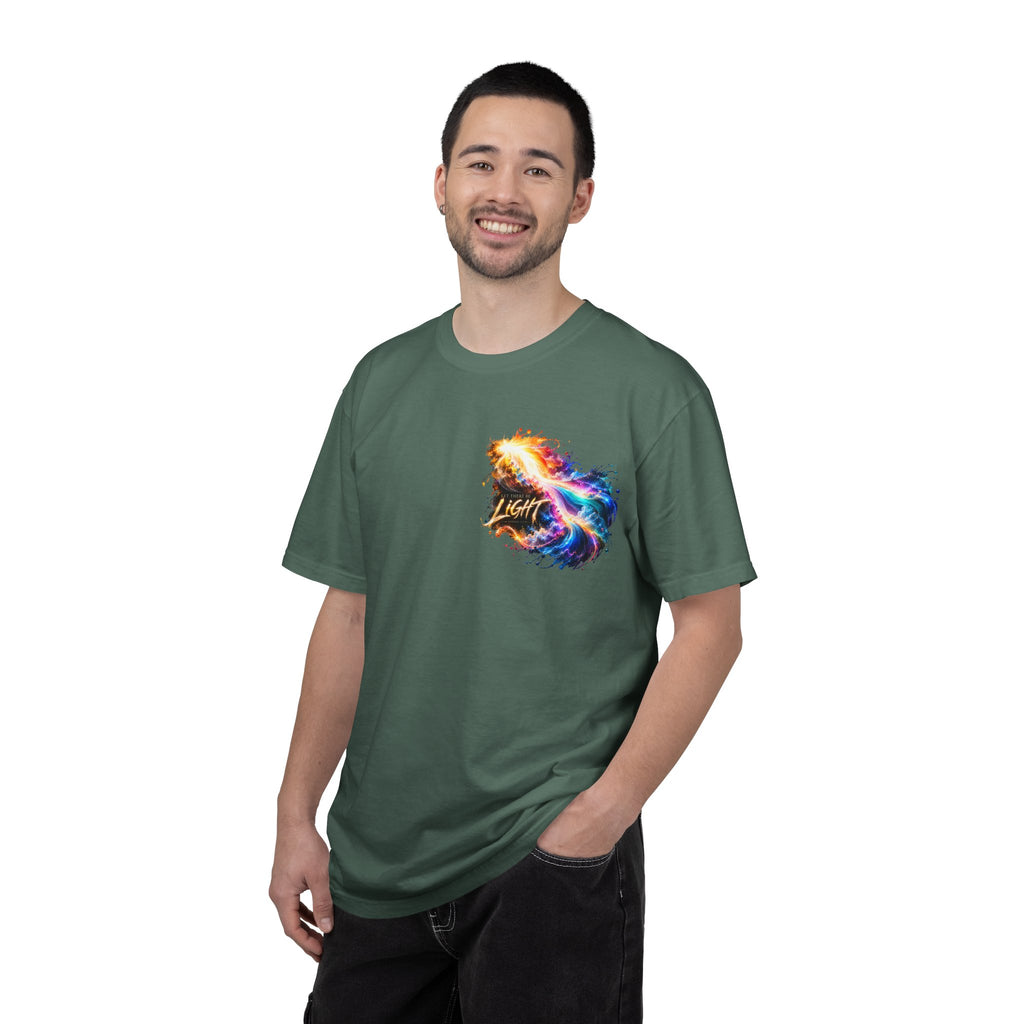 “Rainbow Flame Feather 'Be the Light'” Christian T-shirt with cross imagery and ; modern statement style.