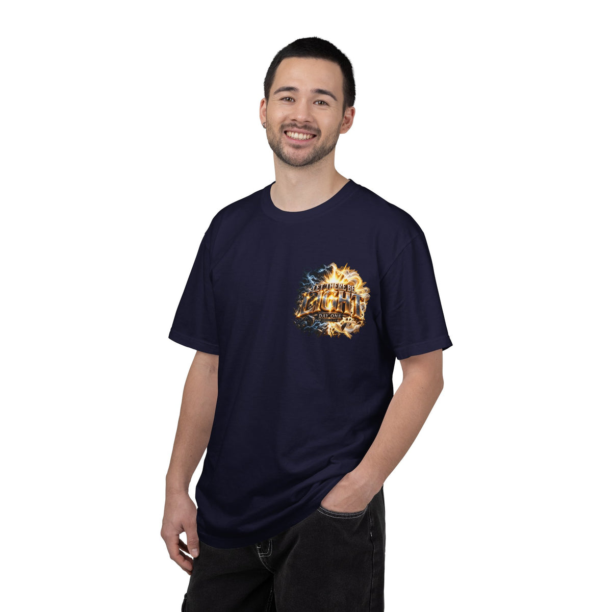 T-shirt featuring "Let There Be Light" — Genesis scripture and bold lettering, front and back design — Kingdom Stuff NZ; enduring hope