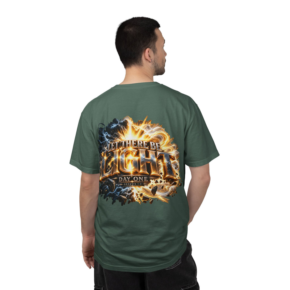 T-shirt featuring “Let There Be Light graphigraphic", Genesis scripture and bold lettering, front and back design Genesis scripture and bold lettering; peaceful assurance.