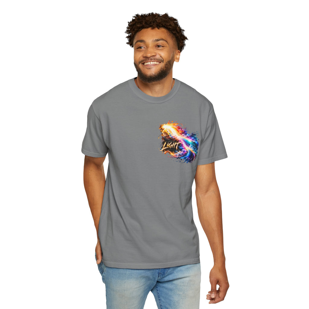 “Rainbow Flame Feather 'Be the Light'” Christian T-shirt with cross imagery and ; calm grounded style.