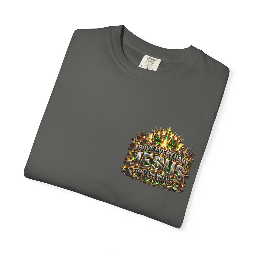 T-shirt featuring “Above Every Name Jesus”, crown imagery and  and forged-style lettering; warm encouragement.