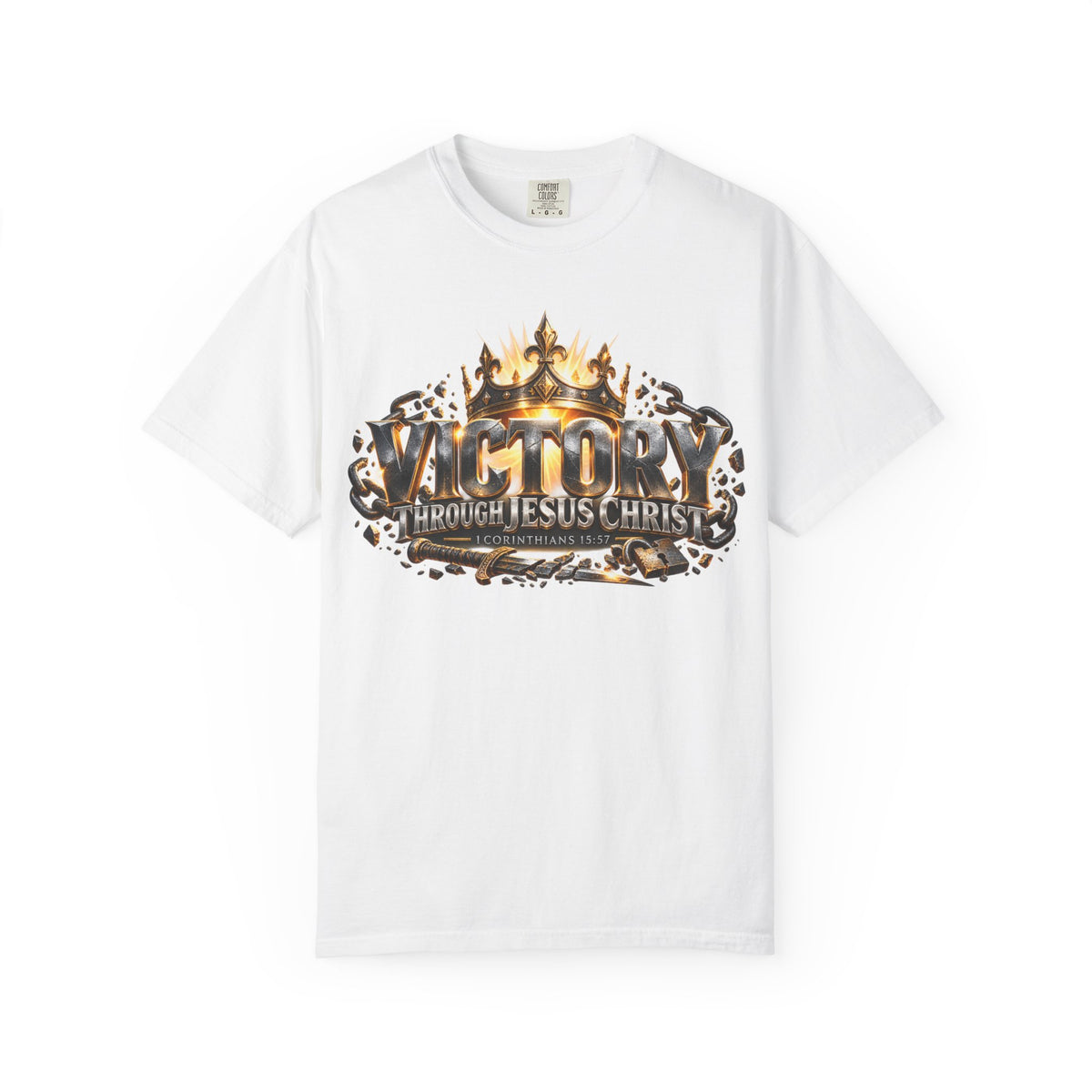 T-shirt featuring “Victory Through Jesus Christ”, crown imagery and  and distressed lettering; quiet confidence.