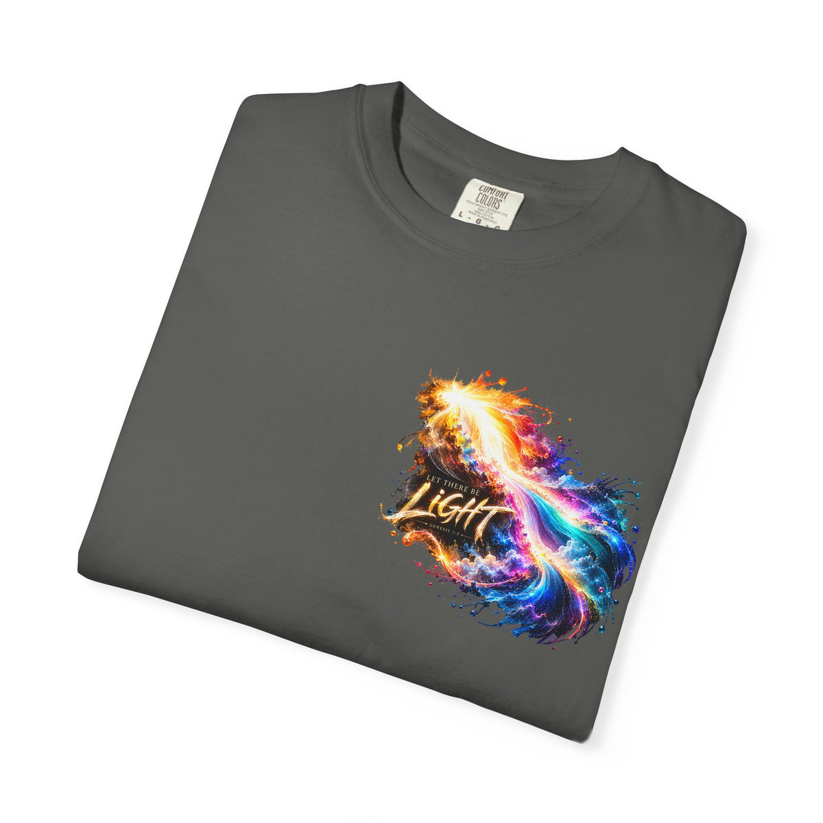 T-shirt featuring “Rainbow Flame Feather 'Be the Light'”, cross imagery and  and script lettering; resilient faith.