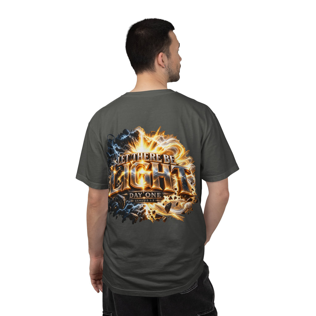 T-shirt featuring “Let There Be Light graphigraphic", Genesis scripture and bold lettering, front and back design Genesis scripture and bold lettering; uplifting confidence.