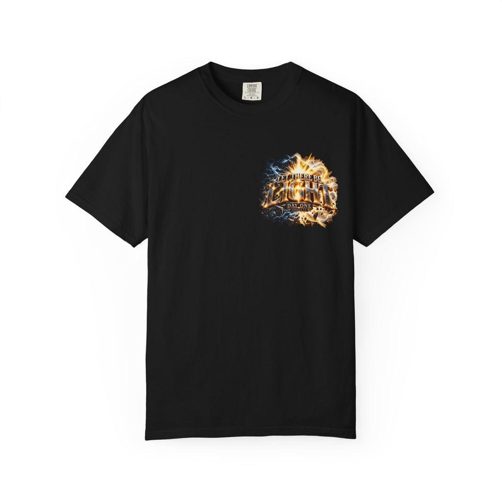 T-shirt featuring "Let There Be Light" — Genesis scripture and bold lettering, front and back design — Kingdom Stuff NZ; hopeful spirit